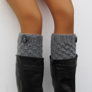 Hand Knitted Boot Cuffs Leg Warmers , Chunky Leg warmers grey color,Button, wellies boot cuff - raincity boot,Christmas gift (18)