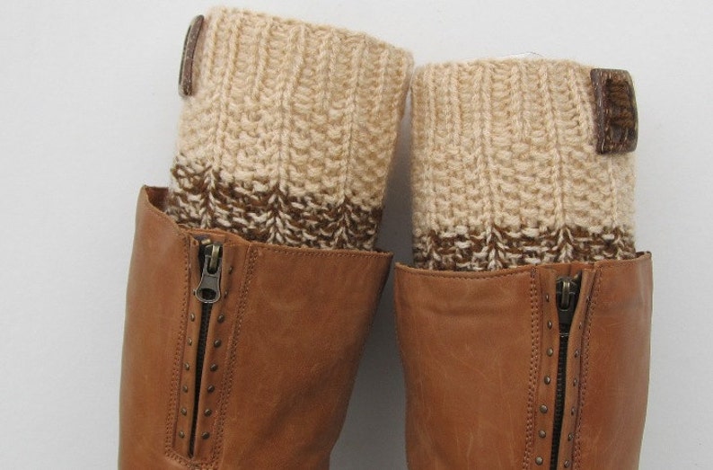 Knit Boot Cuff, 2 in 1 Knit Boot Cuff, beige / beige and brown color, wellies boot cuff, leg warmers, image 4