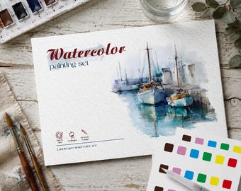 Watercolor Painting Set With Landscape Ocean And Christmas Themes For Beginners Creative Art Fun Today