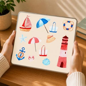 Printbare Kindle-inlegvel met zomerse sfeer | Nautisch strandthema Kindle-inlegvelset | Aquarel kustthema bundel | E-readeraccessoire | Digitale download