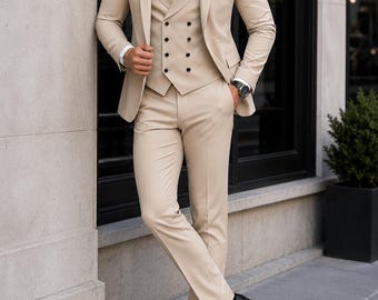 Men's Champagne Beige 3 Piece Suit, Double Breasted Vest, Slim Fit Wedding Suit