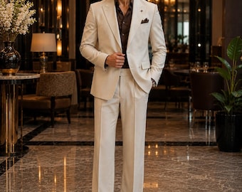 Luxus-Herrenanzug Set mit Passenden Schuhen, Cremefarbener Hochzeitsanzug für Männer, formelles Blazer-Hosen-Set, Old Geld Style Outfit, Designer Herrenmode