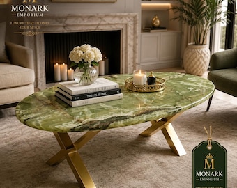 Mesa de centro con forma de tabla de surf, mesa de ónix verde, centro de mesa moderno para sala de estar.