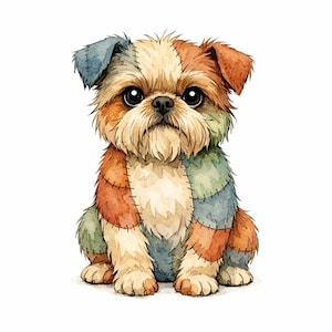 Könnte beinhalten: Eine Aquarellillustration eines kleinen, sitzenden Hundes mit einem Patchwork-Fell. Das Fell besteht aus verschiedenen farbigen Segmenten in Beige-, Blau- und Rosttönen, die durch sichtbare dunkle Nähte verbunden sind. Der Hund hat große, dunkle Augen.