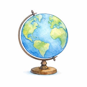 May include: A watercolour illustration of a globe featuring blue oceans and green landmasses. The sphere is mounted on a brown stand with a curved metal arm that encircles the globe, showing continents including North and South America.