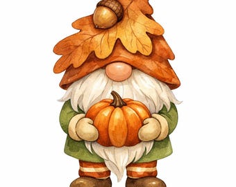 30 PNG Fall Gnomes and Leafy Garden Clipart Bundle - whimsical autumn clipart, watercolor gnome set, mushroom garden art - Digital Download