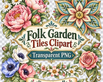 30 PNG-Cliparts im Folk-Garden-Stil – florale Fliesen, geometrische Motive, Eckbordüren, botanische Akzente – Digitaler Download