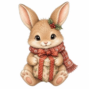 May include: A brown rabbit illustration wearing a red and white patterned scarf and a sprig of holly with red berries on its head. The rabbit is holding a square gift box wrapped in patterned paper with a red polka dot ribbon and a large bow.