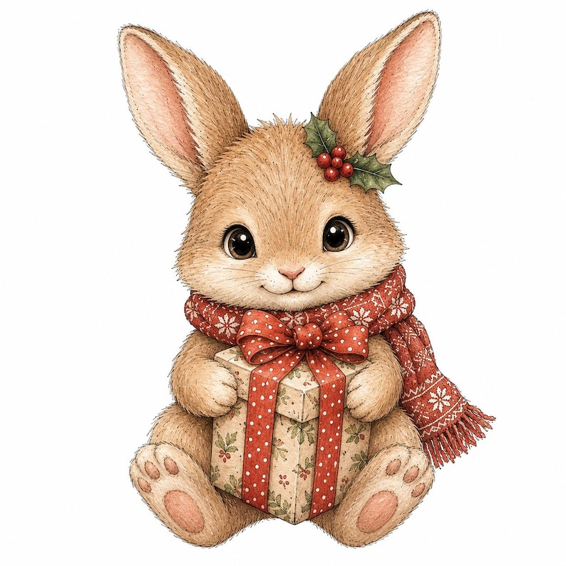 May include: A brown rabbit illustration wearing a red and white patterned scarf and a sprig of holly with red berries on its head. The rabbit is holding a square gift box wrapped in patterned paper with a red polka dot ribbon and a large bow.