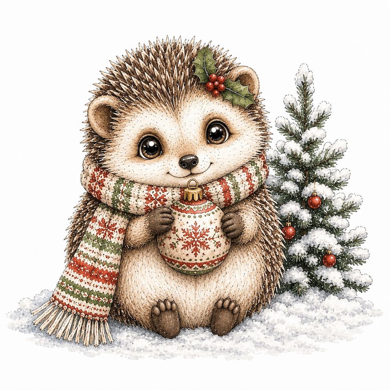 May include: A brown hedgehog with large dark eyes wears a red, green, and white patterned scarf. It holds a round Christmas bauble with a snowflake design. A small, snow-covered evergreen tree with red baubles stands to the right.