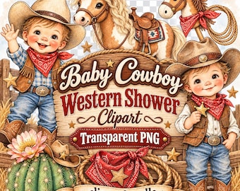 30 PNG Baby Cowboy Clipart Bundle - Western Nursery, Shower Clipart, Baby Party Art - Digital Download
