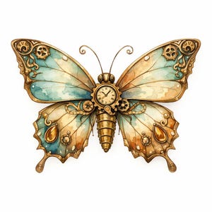 Pacchetto di 30 clipart PNG di farfalle steampunk - farfalle steampunk ad acquerello, illustrazioni di farfalle stravaganti, ingranaggi in ottone - Download digitale