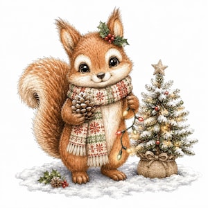 May include: A brown squirrel with large dark eyes wears a patterned scarf with red and green snowflakes and a sprig of holly on its head. It holds a pinecone and a string of colourful Christmas lights next to a small, snow-dusted pine tree.