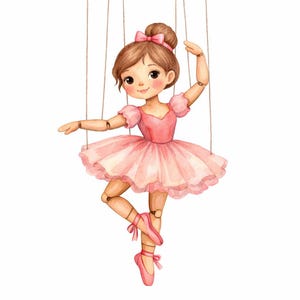 May include: A watercolor illustration of a wooden marionette ballerina with brown hair in a bun, wearing a pink tutu and matching ballet slippers. The puppet has articulated joints and is suspended by thin strings against a plain white background.