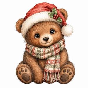 May include: A brown teddy bear with dark eyes and a black nose, wearing a red Santa hat with a white pom-pom and a sprig of holly. The bear is wrapped in a knitted scarf featuring a red, green, and white geometric pattern with fringed ends.