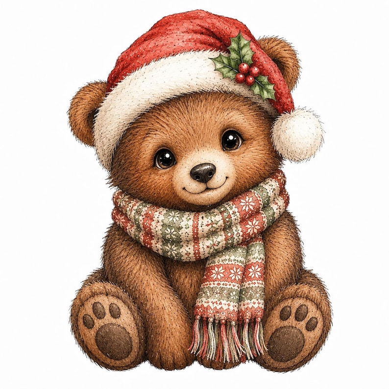 May include: A brown teddy bear with dark eyes and a black nose, wearing a red Santa hat with a white pom-pom and a sprig of holly. The bear is wrapped in a knitted scarf featuring a red, green, and white geometric pattern with fringed ends.