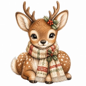 May include: A brown fawn with large dark eyes and antlers, wearing a cream-coloured knit scarf featuring red and green geometric patterns. The fawn is adorned with a sprig of green holly leaves and red berries on its head and on the scarf.