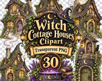 30 PNG Witch Cottage Houses Clipart Bundle - witch cottage clipart, gothic house png, fantasy cottage art - Digital Download