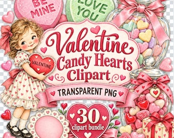 30 PNG Valentine Candy Hearts Clipart Bundle - pastel hearts, candy jar clipart, love accents - Digital Download