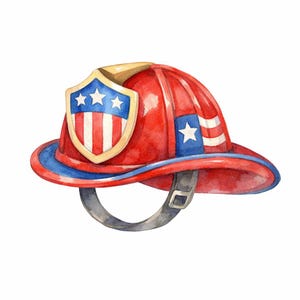 Pode incluir: Um capacete de bombeiro vermelho brilhante com um escudo de borda dourada na frente, apresentando um campo azul com três estrelas brancas sobre listras verticais vermelhas e brancas. Um emblema de bandeira azul e branca está na lateral com uma tira cinza.