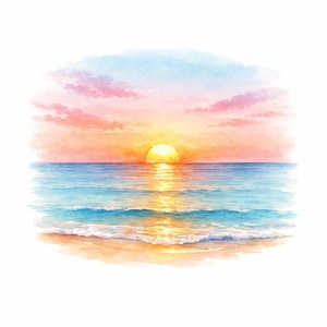 May include: A watercolour painting of a sunset over the ocean. The sun is a bright yellow circle on the horizon, casting a golden reflection on the blue water. The sky features soft pink and orange clouds, and the sandy beach is in the foreground.