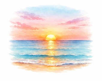 30 PNG Whimsical Beach Sunset Clipart Bundle - Beach Sunset Clipart, Coastal Watercolor Art, Ocean Scene PNG - Digital Download