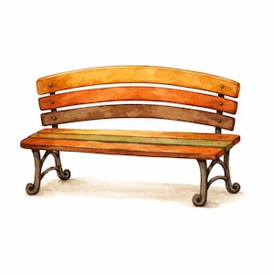 Può includere: Una panchina da parco con schienale curvo composto da tre doghe di legno orizzontali nei toni del giallo, arancione e marrone. La seduta è formata da due doghe in legno arancione e marrone con una striscia verde centrale su gambe in metallo.
