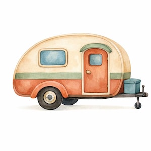 May include: A watercolour illustration of a teardrop-shaped travel trailer featuring a cream-coloured upper body, a terracotta orange lower section, and a sage green stripe. The trailer has a single door, a window, a black wheel, and a blue storage box.