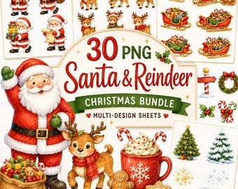 30 PNG Santa Reindeer Christmas Sticker Sheet Bundle - Multi-Design Holiday PNGs, Scrapbook Graphics - Digital Download