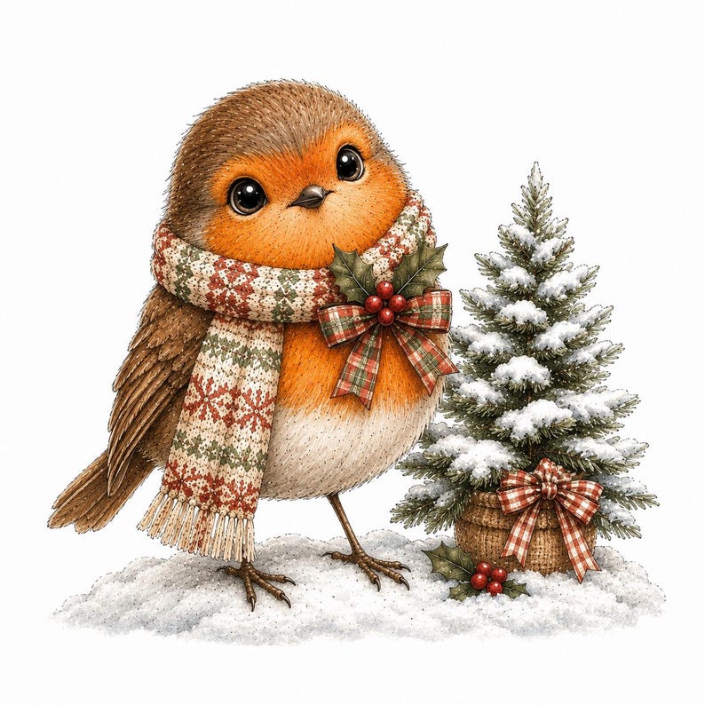 May include: A round robin bird with brown and orange feathers wearing a cream, red, and green patterned scarf with a plaid bow and holly leaves. Beside the bird is a small, snow-covered evergreen tree in a burlap pot with a red plaid bow.