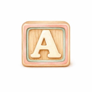 May include: A square wooden block featuring a light wood grain texture and a large, cream-colored letter A centered on the front. The block is framed by a soft pink border and a sage green inner border, creating a layered, rounded square design.