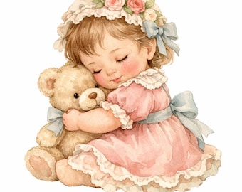 30 PNG Vintage Baby Girl and Childhood Clipart Bundle - Victorian nursery, baby girl, pastel watercolor, storybook - Digital Download
