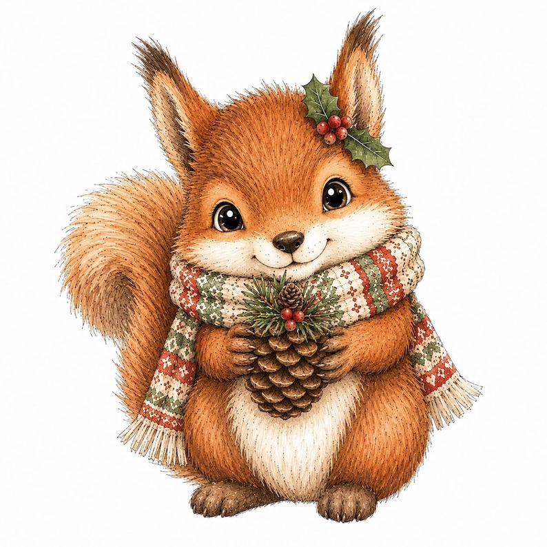 May include: A brown squirrel illustration wearing a cream, red, and green patterned scarf. The squirrel has a white chest, large dark eyes, and holds a brown pinecone. A small sprig of green holly leaves with red berries is tucked near its ear.
