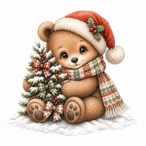 May include: A brown teddy bear wearing a red Santa hat with a white pom-pom and a green and red patterned scarf. The bear is holding a small, snow-dusted Christmas tree decorated with red berries and plaid bows, sitting on a patch of white snow.