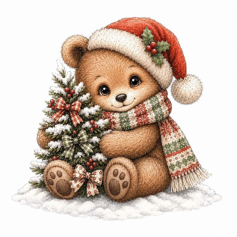 May include: A brown teddy bear wearing a red Santa hat with a white pom-pom and a green and red patterned scarf. The bear is holding a small, snow-dusted Christmas tree decorated with red berries and plaid bows, sitting on a patch of white snow.