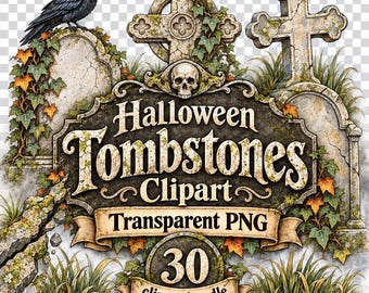 30 PNG-Cliparts zum Thema Halloween-Grabsteine ​​– Grabstein-PNG, gotischer Friedhof, gruseliger Friedhof, transparentes PNG – Digitaler Download