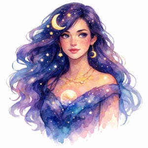 Puede incluir: Una ilustración en acuarela de una figura con cabello largo y fluido de tonos morados y azules, adornado con estrellas amarillas brillantes y una luna creciente. La figura lleva pendientes dorados en forma de estrella y un vestido azul oscuro.