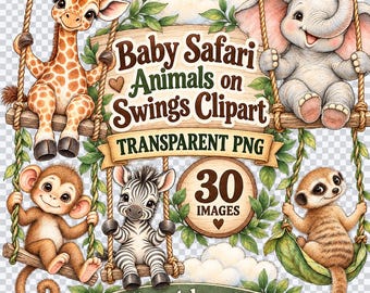 30 PNG Baby Safari Animals on Swings Clipart Bundle - safari nursery animals, transparent PNG clipart, baby zoo swings - Digital Download