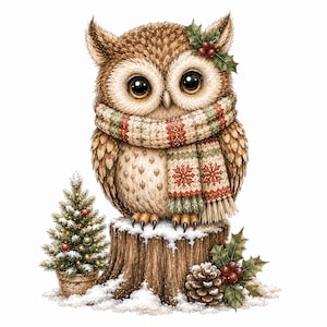 May include: A brown owl with large dark eyes wearing a knit scarf with red, green, and white snowflake patterns. The owl sits on a snow-covered tree stump next to a small potted Christmas tree, a pinecone, and green holly leaves with red berries.