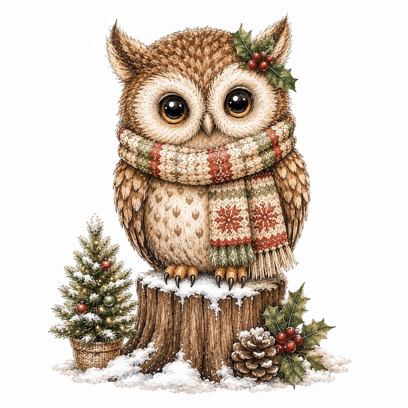 May include: A brown owl with large dark eyes wearing a knit scarf with red, green, and white snowflake patterns. The owl sits on a snow-covered tree stump next to a small potted Christmas tree, a pinecone, and green holly leaves with red berries.