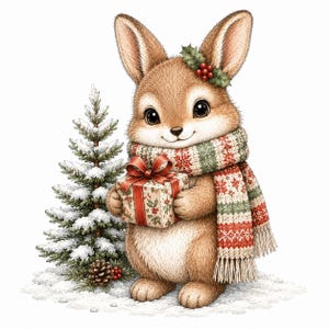 May include: A brown rabbit with large dark eyes wearing a red, green, and white patterned scarf with fringe. The rabbit holds a gift box wrapped in patterned paper with a red ribbon. Beside the rabbit is a small snow-covered pine tree.