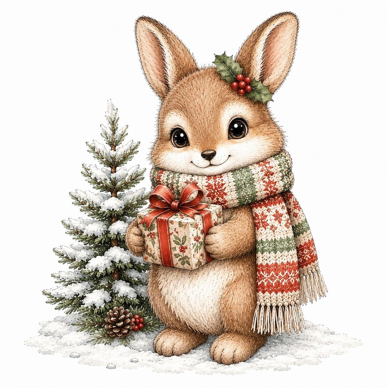 May include: A brown rabbit with large dark eyes wearing a red, green, and white patterned scarf with fringe. The rabbit holds a gift box wrapped in patterned paper with a red ribbon. Beside the rabbit is a small snow-covered pine tree.