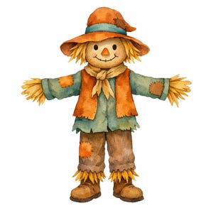 May include: A watercolor illustration of a scarecrow wearing an orange hat with a blue band, a tan scarf, a green shirt with orange patches, and brown pants. The scarecrow has straw-like hair, hands, and feet, with a stitched smile and nose.