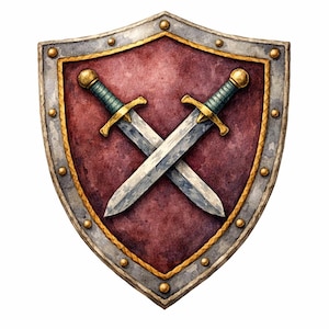 Op de afbeelding: Een wapenschild met een dieprood, getextureerd midden, omrand door een metaalgrijze rand met gouden klinknagels. Twee gekruiste zwaarden met zilveren bladen, gouden stootplaten en blauwgroene handvatten bevinden zich op het schildoppervlak.