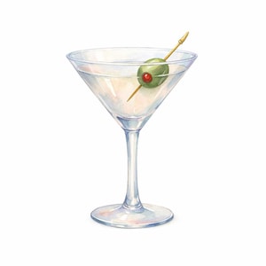 Puede incluir: Una copa de cóctel martini de cristal transparente con un cuenco cónico ancho y un tallo delgado. La copa contiene un líquido transparente y una aceituna verde con un centro rojo, ensartada en un palillo de madera fino y puntiagudo.