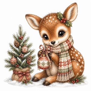 May include: A brown fawn with white spots wearing a cream, red, and green patterned scarf with fringe. The fawn holds a round red and white patterned ornament. Beside the fawn is a small pine tree in a burlap sack with red bows.