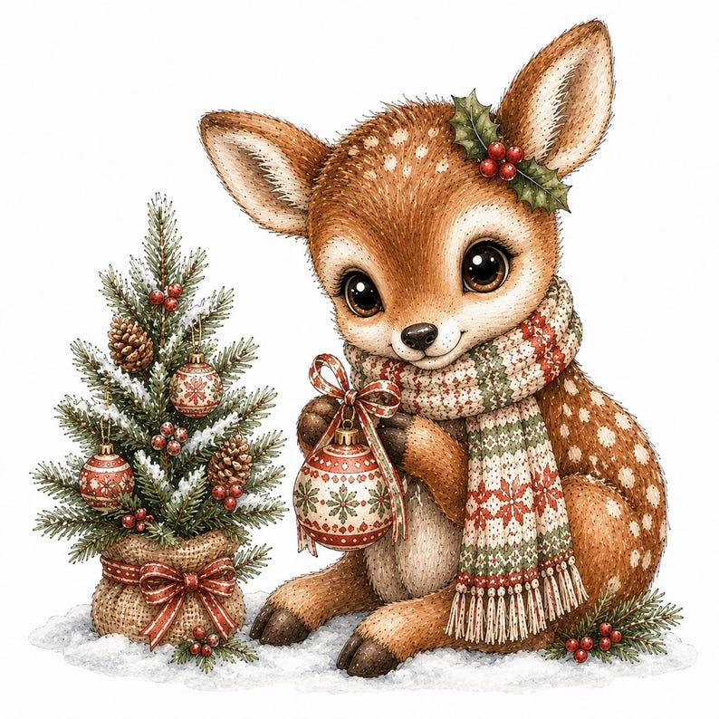 May include: A brown fawn with white spots wearing a cream, red, and green patterned scarf with fringe. The fawn holds a round red and white patterned ornament. Beside the fawn is a small pine tree in a burlap sack with red bows.