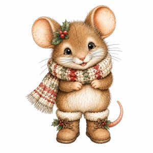 May include: A brown mouse illustration wearing a cream, red, and green patterned knit scarf and brown boots with white fur trim. The mouse has a sprig of holly with red berries tucked behind one ear and on each boot, with a long pink tail.