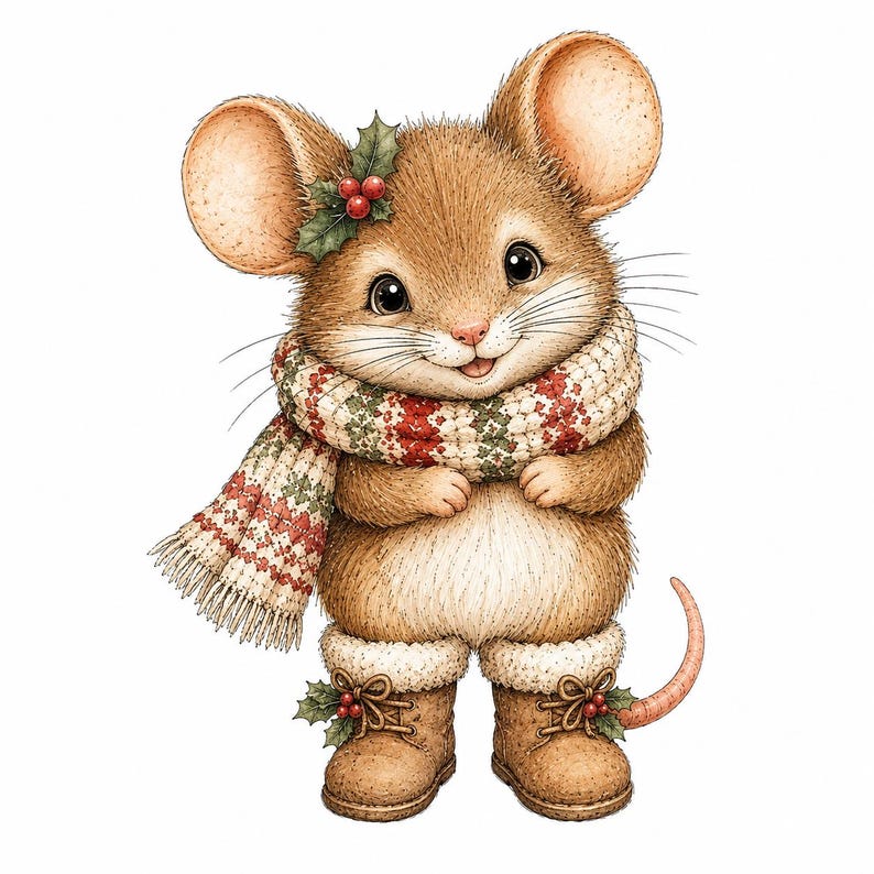 May include: A brown mouse illustration wearing a cream, red, and green patterned knit scarf and brown boots with white fur trim. The mouse has a sprig of holly with red berries tucked behind one ear and on each boot, with a long pink tail.