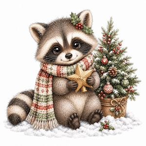May include: A fluffy raccoon with a striped tail wears a red, green, and white patterned scarf and a sprig of holly on its head. It holds a gold star ornament while sitting next to a small, decorated Christmas tree in a burlap-wrapped pot.